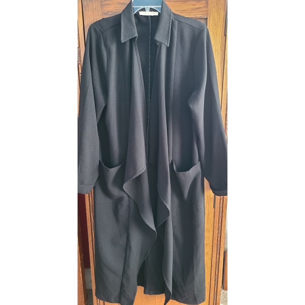 Lush Black Open Front Duster Cardigan Longline Pocket Drape Jacket Womens Large